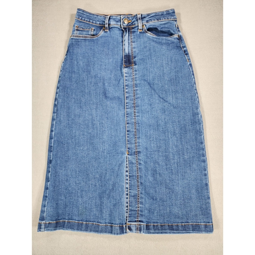 Falls Creek Denim Midi Skirt Size 6 Medium Blue Wash Stretch Prairie Modest Boho